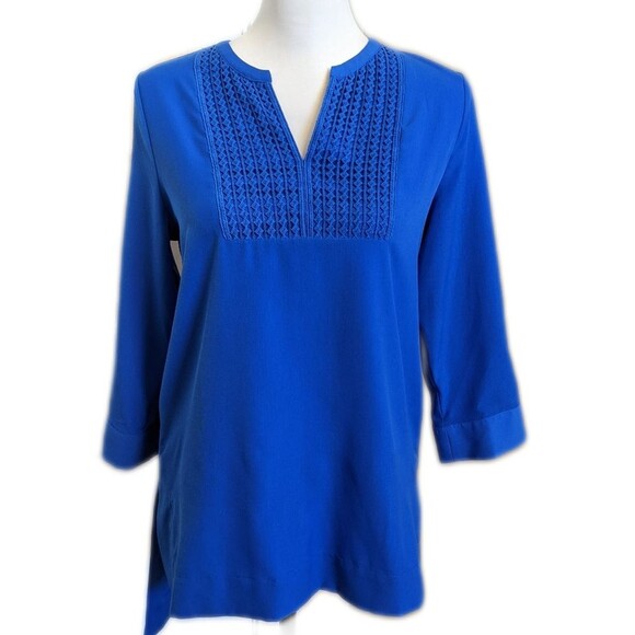 The Limited royal blue tunic top, v-neck, crochet yoke, 3/4 sleeves, size S - Picture 1 of 7